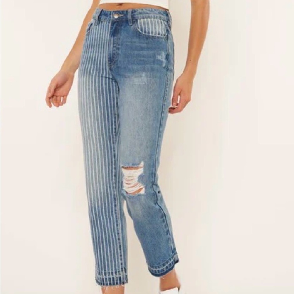 BLUE REVIVAL DISTRESSED JEANS WITH STRIPES FRAY HEM HIGH RISE STRAIGHT SZ 25